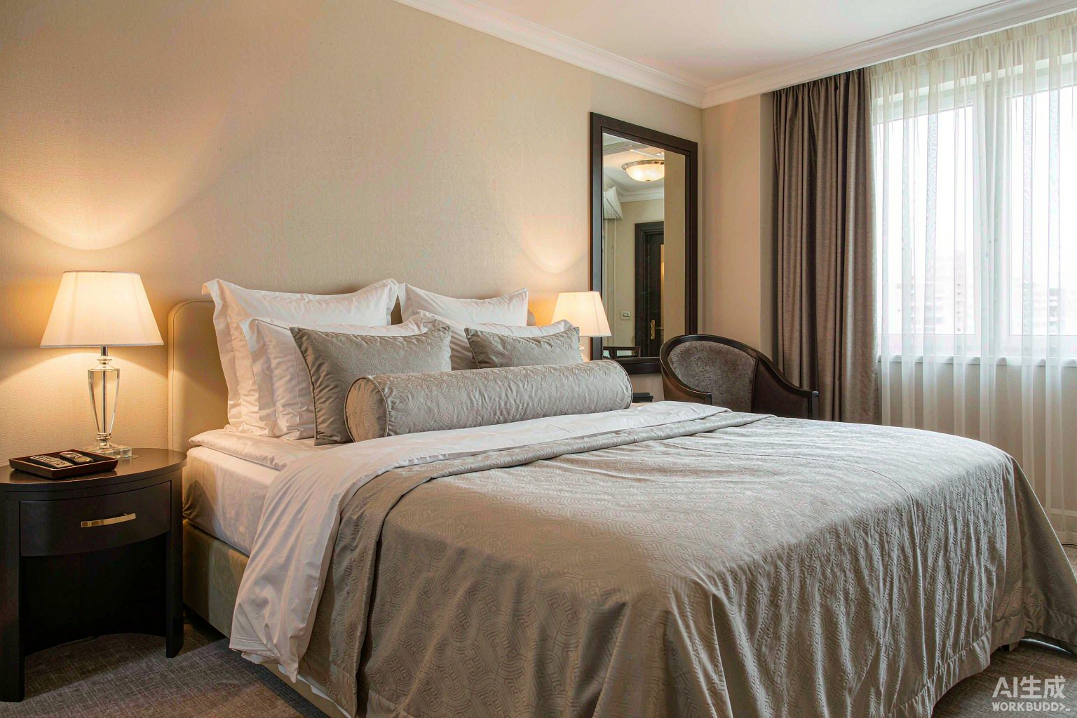 Made bed with white cotton bedding set and light grey duvet